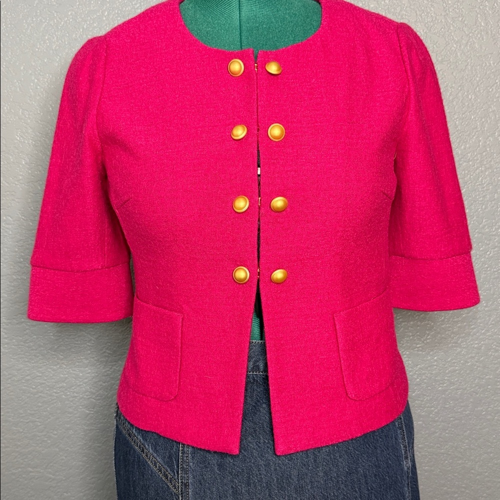 Ann Taylor LOFT Fuchsia Blazer Jacket Gold Button Short Sleeve Women’s‎ M